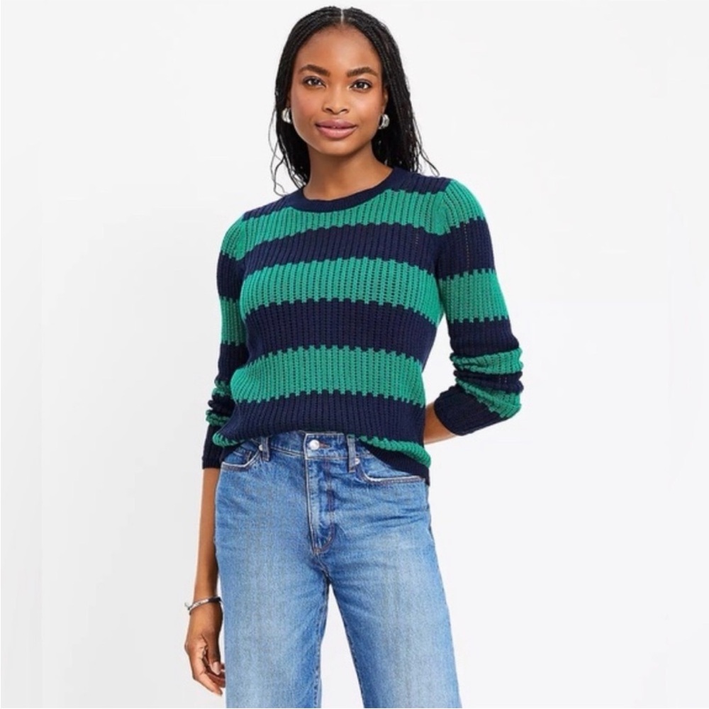 NWT LOFT Striped Pointelle Sweater in Green and Navy